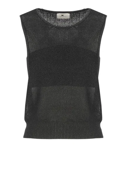 Elisabetta Franchi Sleeveless Sheer Knit Crewneck Sweater In Black