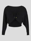 Elisabetta Franchi Crepe Jersey Fabric Top With Boat Neckline And Gold Metal Logo Detail In Black