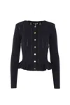Elisabetta Franchi Tricot Pattern Sweater With Padded Shoulder Straps And Embroidered Hem In Black
