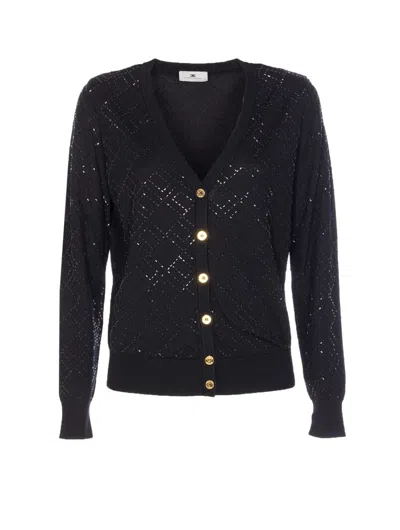 Elisabetta Franchi V-neck Textured Pattern Knitwear Cardigan In Black