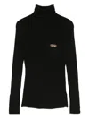 Elisabetta Franchi Fitted Turtleneck Top With Ribbed Texture And Gold Accents In Black