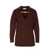 Elisabetta Franchi Knitwear Collared Design Long Sleeves Ribbed Texture V-neckline In Burgundy