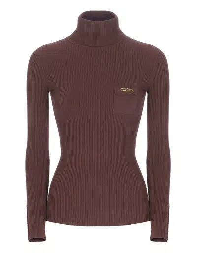 Elisabetta Franchi Ribbed Burgundy Sweater With Logo Detail In Brown