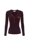 Elisabetta Franchi Fitted Ribbed Knit Top With Decorative Buttons And Gold Accent In Burgundy
