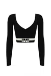 Elisabetta Franchi Fitted Multicolor V-neck Sweater With Contrasting Waist Band In Black