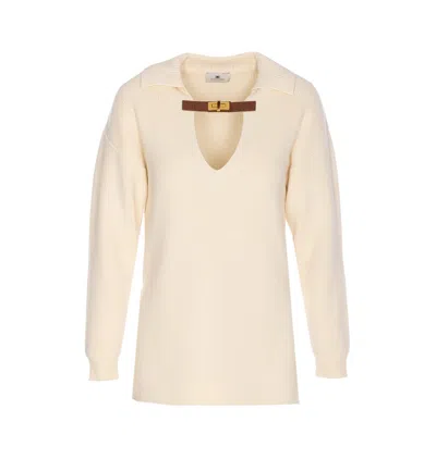 Elisabetta Franchi Knitwear With Buckle Detail And V-neckline In Neutral
