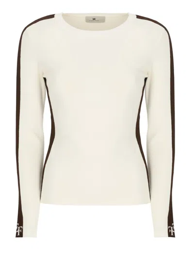 Elisabetta Franchi Contrast Panel Long Sleeve Knit Top In White