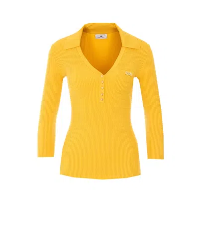Elisabetta Franchi Micro-braided Long-sleeved Polo Shirt With Gold Accents In Yellow