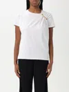Elisabetta Franchi Asymmetric Neckline T-shirt With Gold Brooch Accents In White