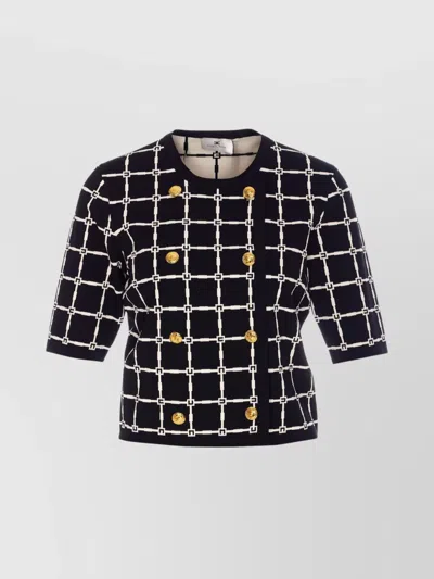 Elisabetta Franchi T-shirt With Geometric Pattern And Gold Buttons In Black