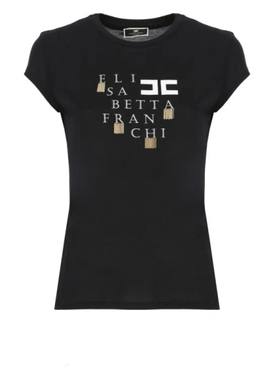 Elisabetta Franchi T-shirt With Logo And Fringes In Black