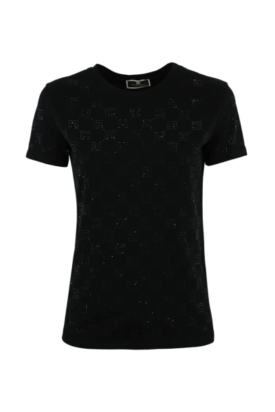 Elisabetta Franchi T-shirt With Rhinestone Logo In Black