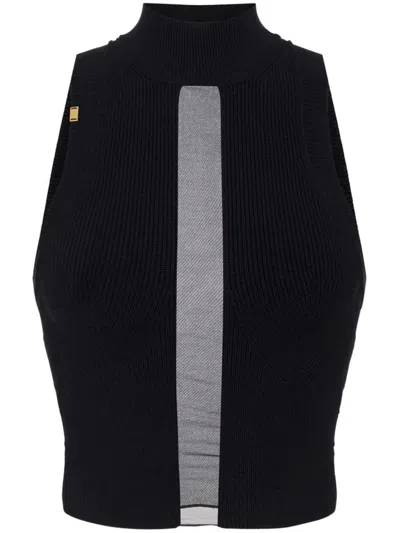 Elisabetta Franchi High Neckline Ribbed Texture Sleeveless Top In Black