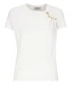 Elisabetta Franchi Asymmetric Neckline T-shirt With Gold Brooch Accents In White