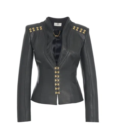 Elisabetta Franchi Tailored Blazer With Gold-tone Hook Embellishments In Gray