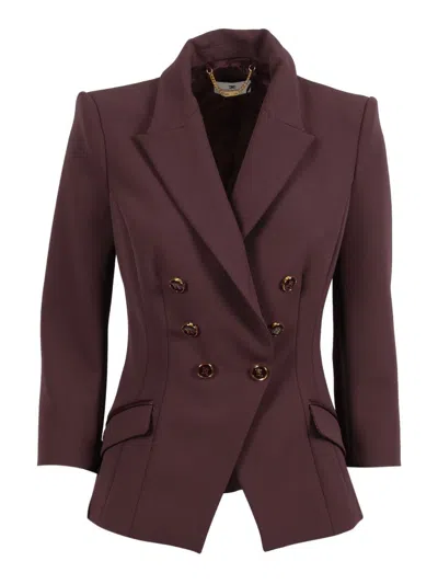 Elisabetta Franchi Tailored Double-breasted Blazer With Gold Accents In Brown