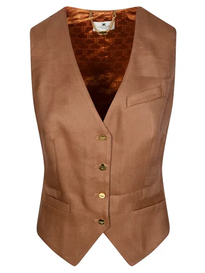 Elisabetta Franchi Tailored Gilet With Structured Silhouette And Gold Accents In Brown
