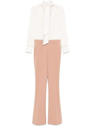 Elisabetta Franchi Beige And White Jumpsuit With Neck Detail