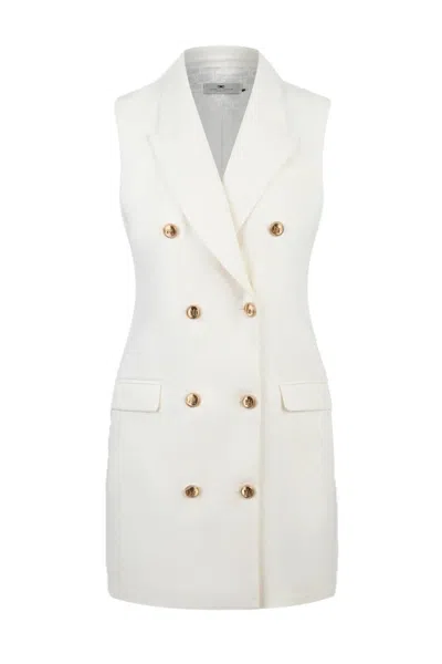 ELISABETTA FRANCHI TAILORED SLEEVELESS DRESS IN SKY-HUED LINEN-VISCOSE BLEND