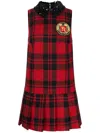Elisabetta Franchi Red Wool Tartan Embroidered Patch Dress In Red