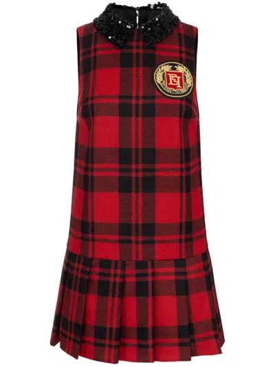 Elisabetta Franchi Red Wool Tartan Embroidered Patch Dress In Multi