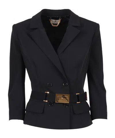 Elisabetta Franchi Jacket In Stretch Technical Fabric With Belt In Blue