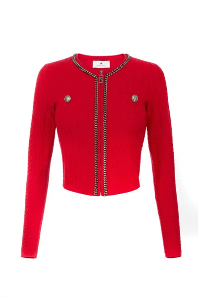 Elisabetta Franchi Textured Cropped Cardigan With Chain Detail In Red