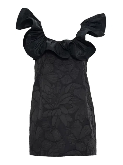 Elisabetta Franchi Textured Floral Dress With Ruffled Neckline In Black