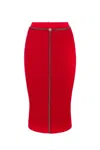 Elisabetta Franchi Textured Herringbone Midi Skirt With Chain Detail In Red