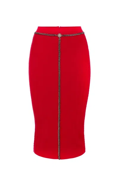 Elisabetta Franchi Textured Herringbone Midi Skirt With Chain Detail In Red