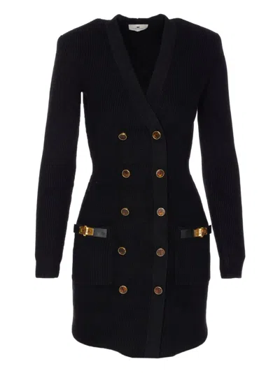 ELISABETTA FRANCHI TEXTURED KNIT BLACK MIDI DRESS WITH DOUBLE-BREASTED DESIGN