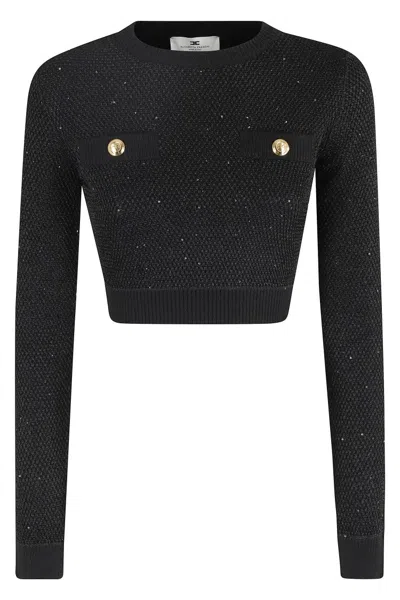 ELISABETTA FRANCHI TEXTURED KNIT CROPPED SWEATER WITH JEWEL-BUTTON POCKETS