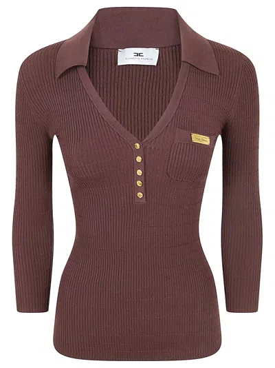Elisabetta Franchi Textured Knit Polo Shirt With V-neck And Signature Detailing In Brown