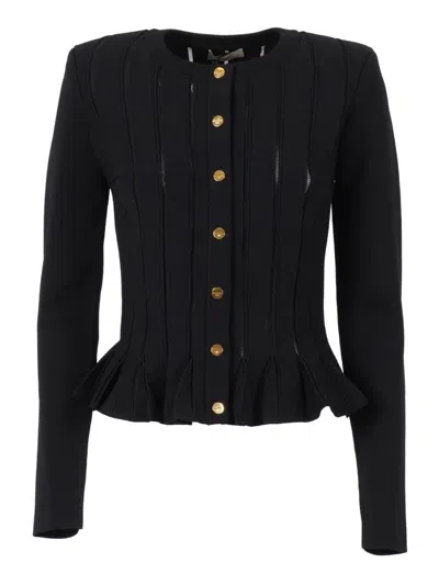 Elisabetta Franchi Textured Ribbed Cardigan With Peplum Hem In Black