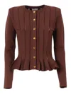 Elisabetta Franchi Textured Ribbed Fitted Cardigan With Peplum Hem In Brown