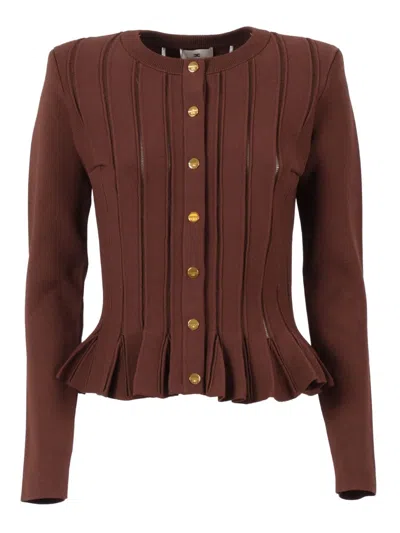 ELISABETTA FRANCHI TEXTURED RIBBED FITTED CARDIGAN WITH PEPLUM HEM