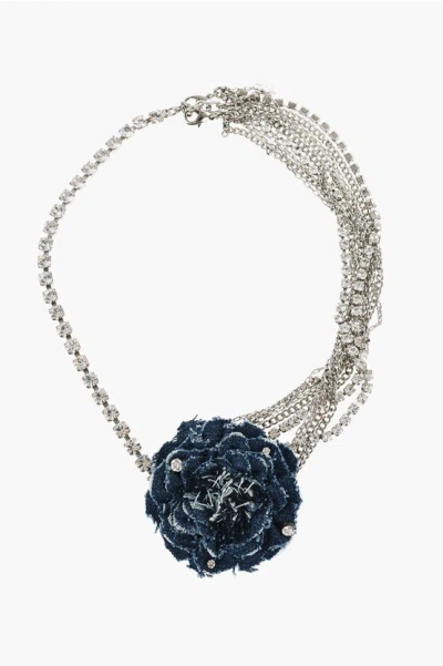 Elisabetta Franchi Tiara With Flower Denim In Metallic