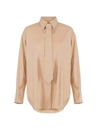 Elisabetta Franchi Shirt Collared Neck Embroidered Cuffs Long Tie In Brown