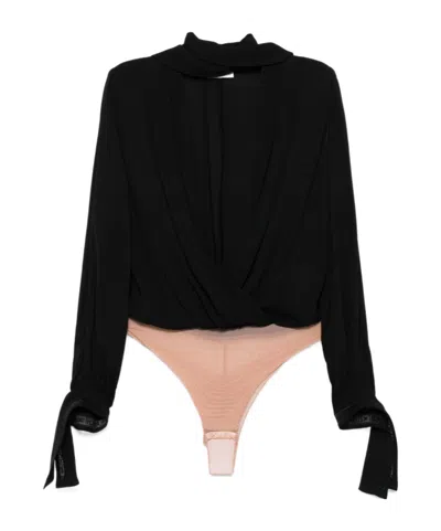 Elisabetta Franchi Tie-neck Bodysuit-style Blouse In Georgette Fabric With Embroideries In Multicolor