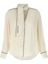 Elisabetta Franchi Georgette Blouse With Contrast Piping And Neck Tie In Neutrals