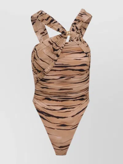 Elisabetta Franchi Crossed-sash Tiger-print Bodysuit In Brown