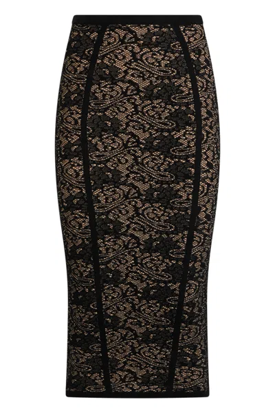 Elisabetta Franchi Tight Fitted Midi Skirt With Patterned Detail In Black
