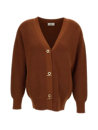 Elisabetta Franchi Toggle-fastening Ribbed-knit Cardigan In Brown
