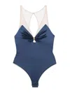 Elisabetta Franchi Sheer Back Ruched Bodysuit With Ring Embellishment In Blue