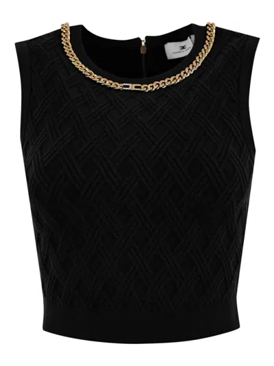 Elisabetta Franchi Diamond Knit Top With Jewel Detail In Black