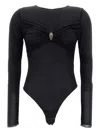 Elisabetta Franchi Black Crewneck Bodysuit With Knot Detail On The Front And Jewel Embellishment In Viscose Stretch Wom In Black