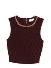Elisabetta Franchi Cropped Sleeveless Sweater Gold Chain Detail In Burgundy