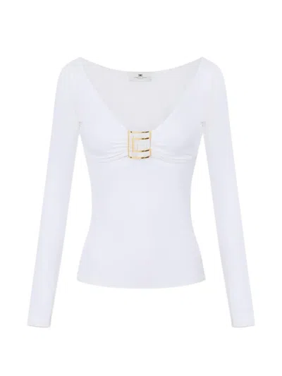 Elisabetta Franchi Top In Jersey Fabric With Jewel Logo Detail In White
