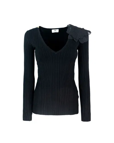 Elisabetta Franchi Ribbed Knit Top With Floral Detail In Black