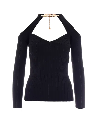Elisabetta Franchi Chain-detail Ribbed-knit Blouse In Black